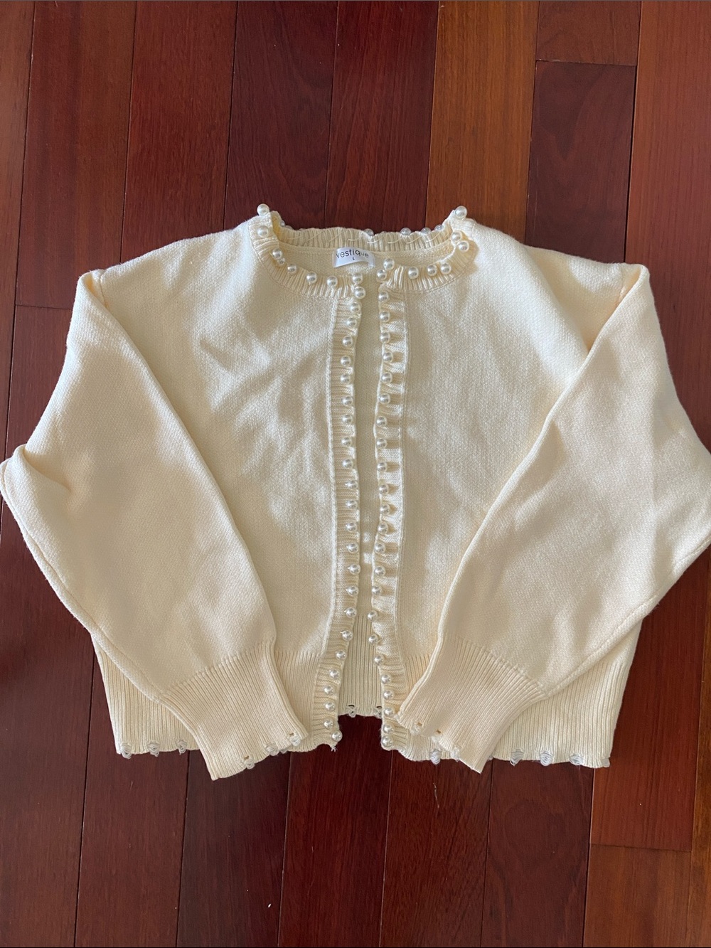 vestique Cream Pearl-Trim Cardigan Sweater